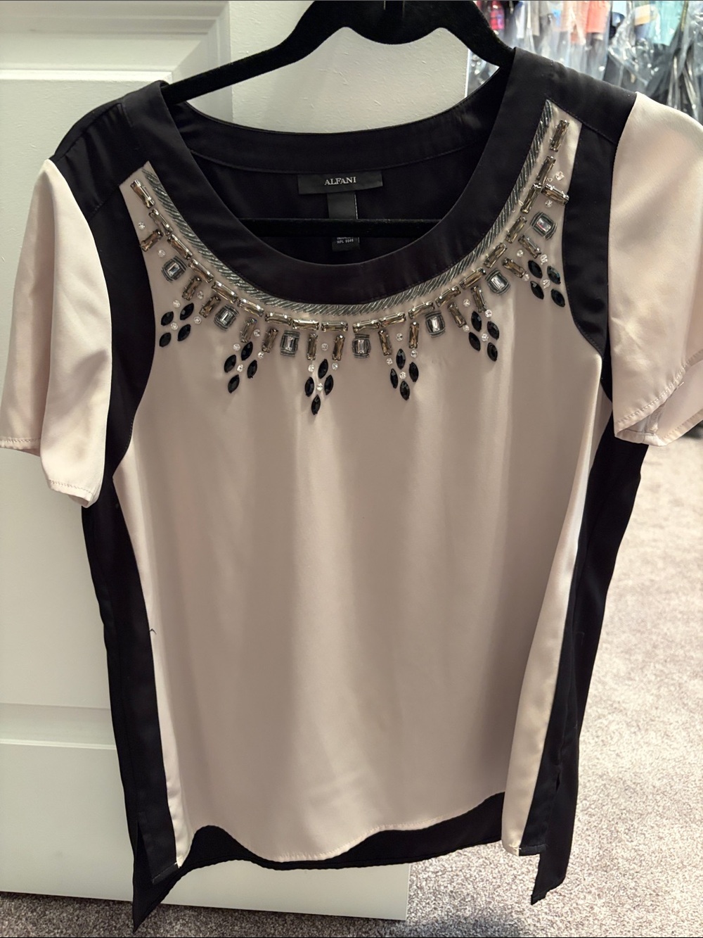Alfani Blush and Black Jeweled Short Sleeve Scoop Neck Blouse
